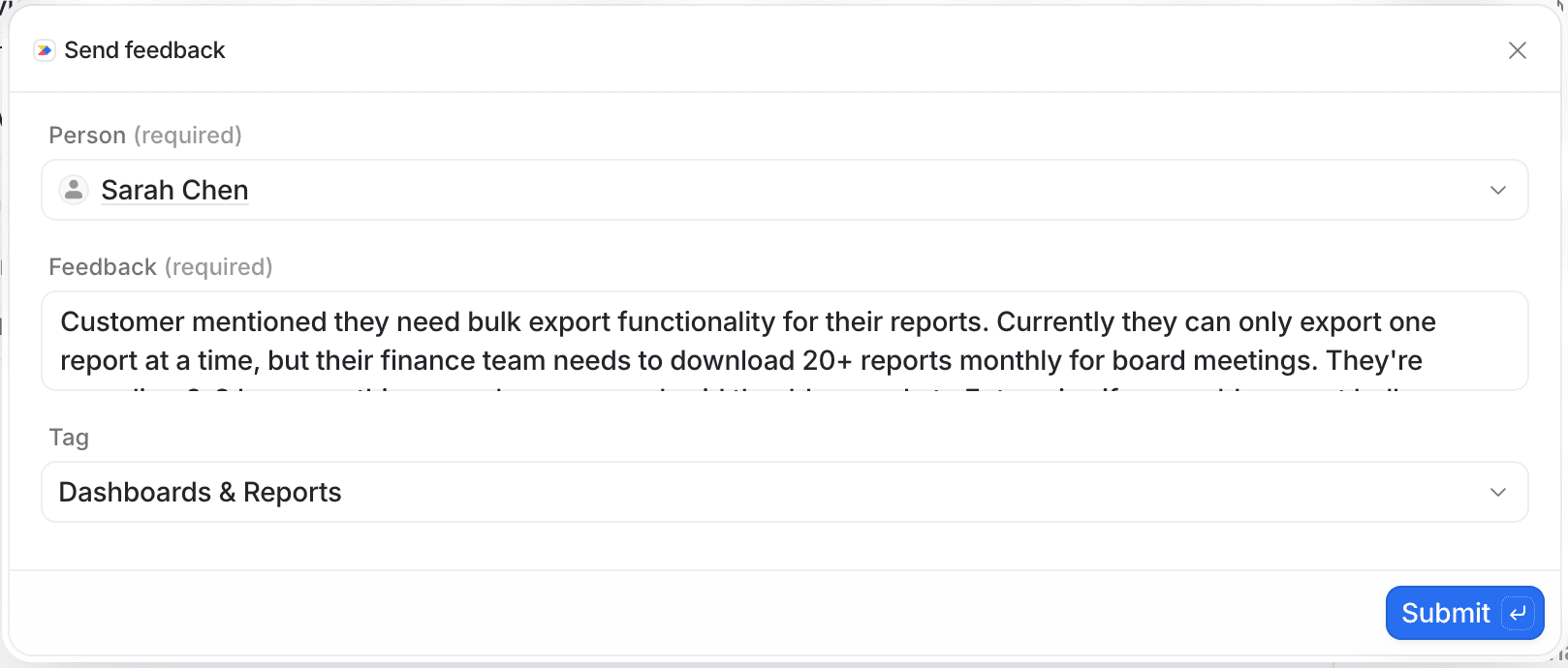 Form interface with fields for person, feedback, and tag. Feedback mentions a need for bulk export functionality for numerous reports.