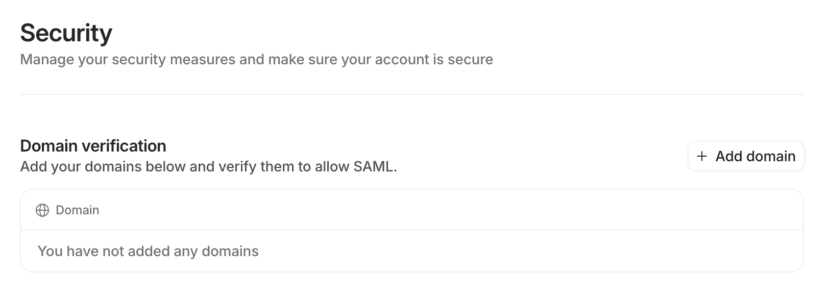 Security page with domain verification option