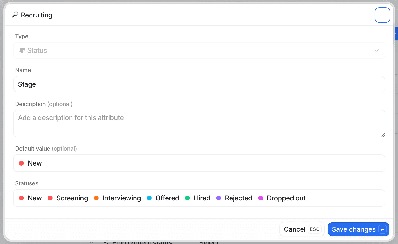 Form for stage attribute creation with fields for type, name, and description. Status options include New, Screening, Interviewing, Offered, Hired, Rejected.