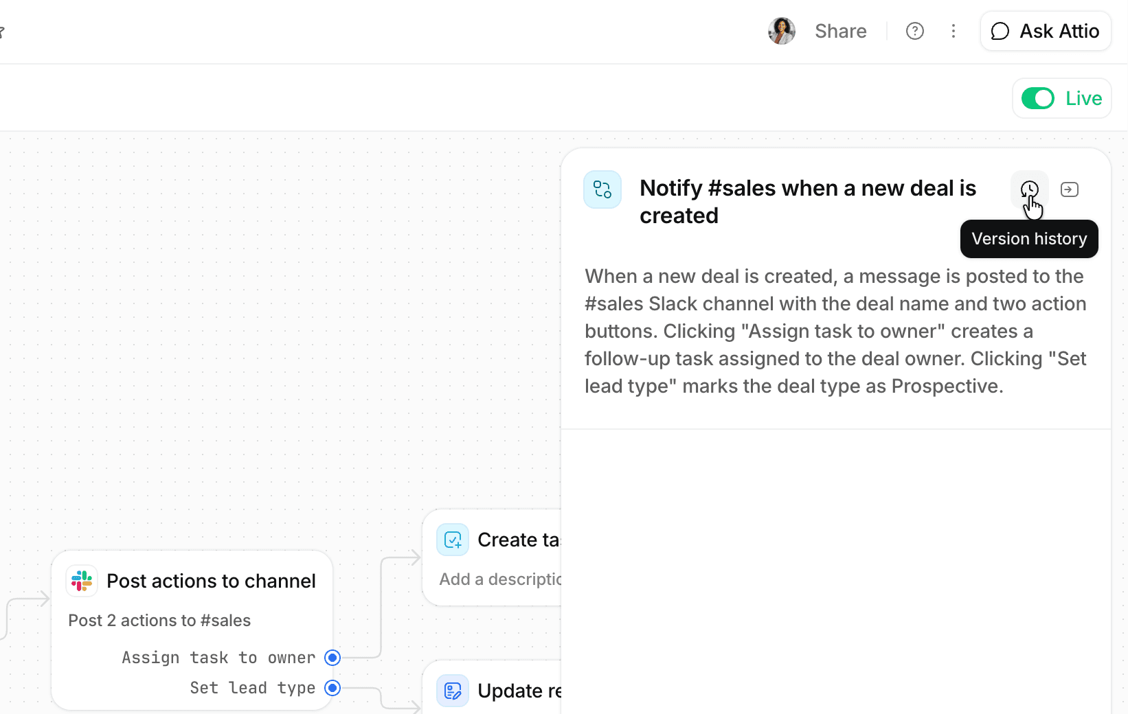 Workflow canvas showing Version history button