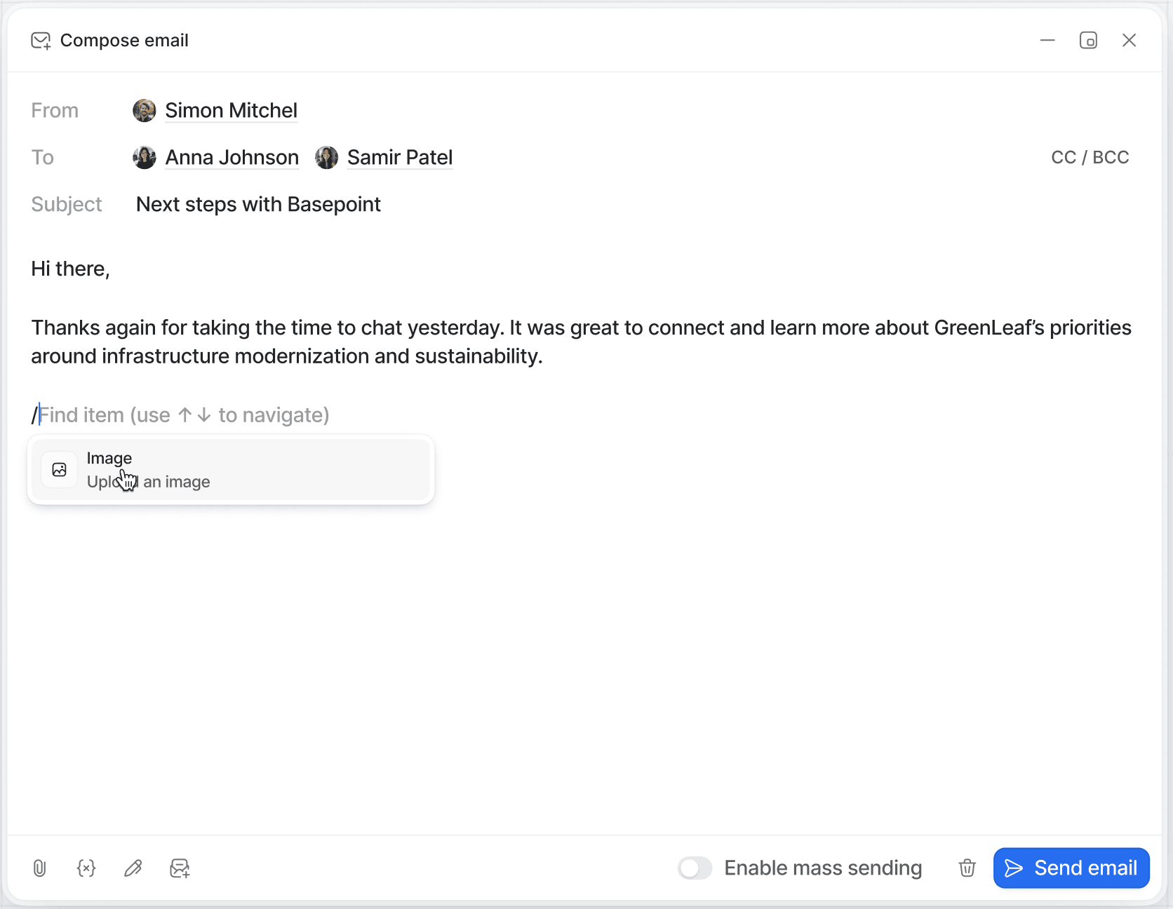 Email composer with cursor hovering on option to add image.