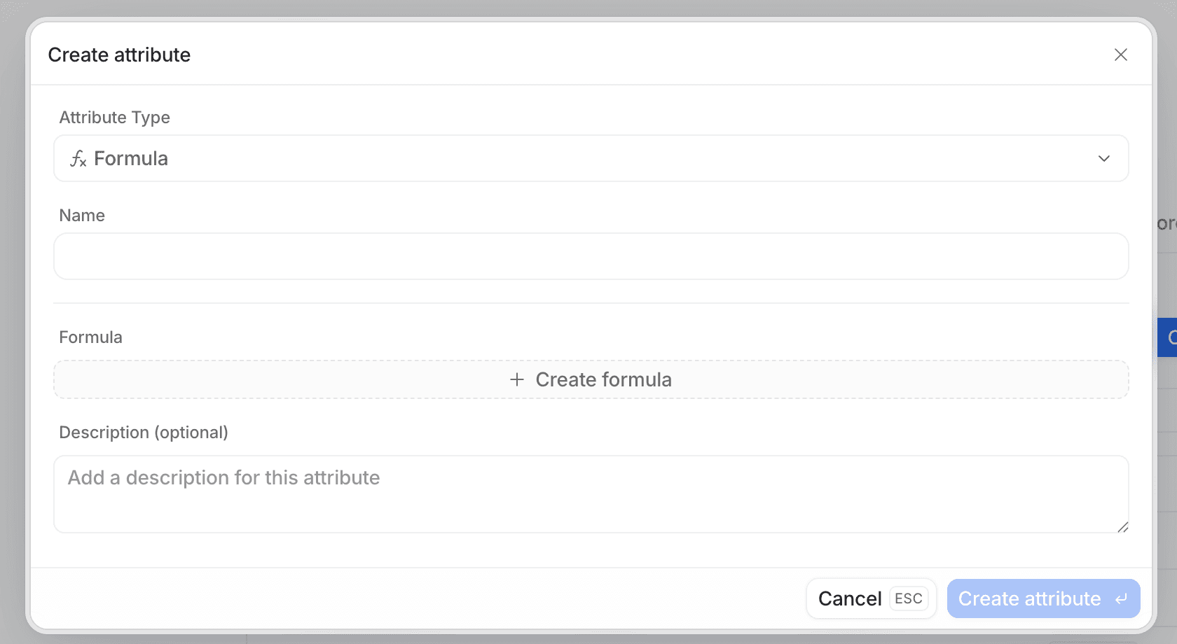 Attribute creation modal with Formula selected for Attribute Type