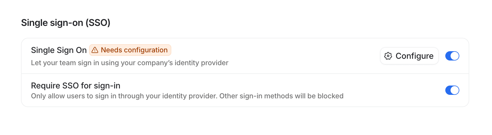 Single sign-on settings with toggles for enabling and requiring SSO