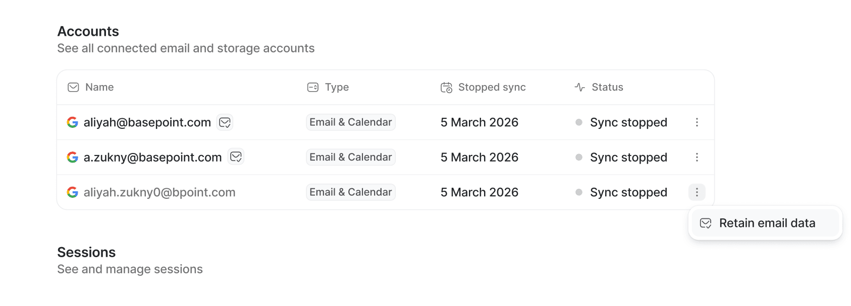 Email accounts for a suspended member showing where you can select Retain email data for an account