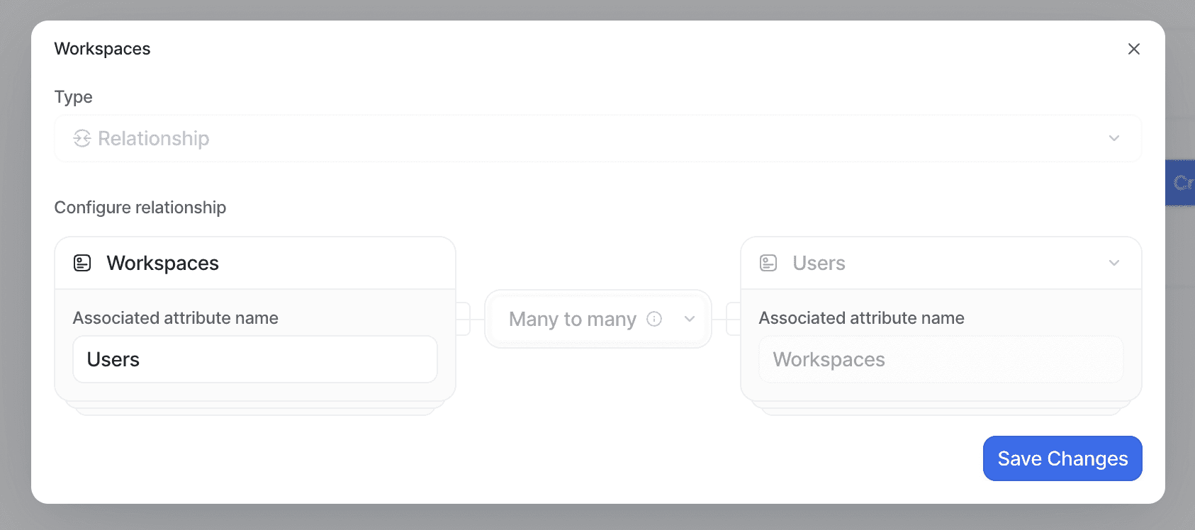 Showing the setup window for a relationship attribute connecting workspaces to their users