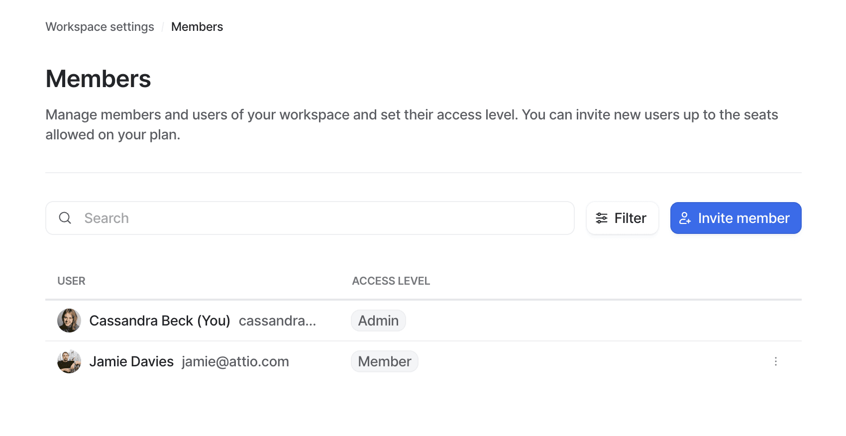 Members page in workspace settings showing two active members and the option to invite new members