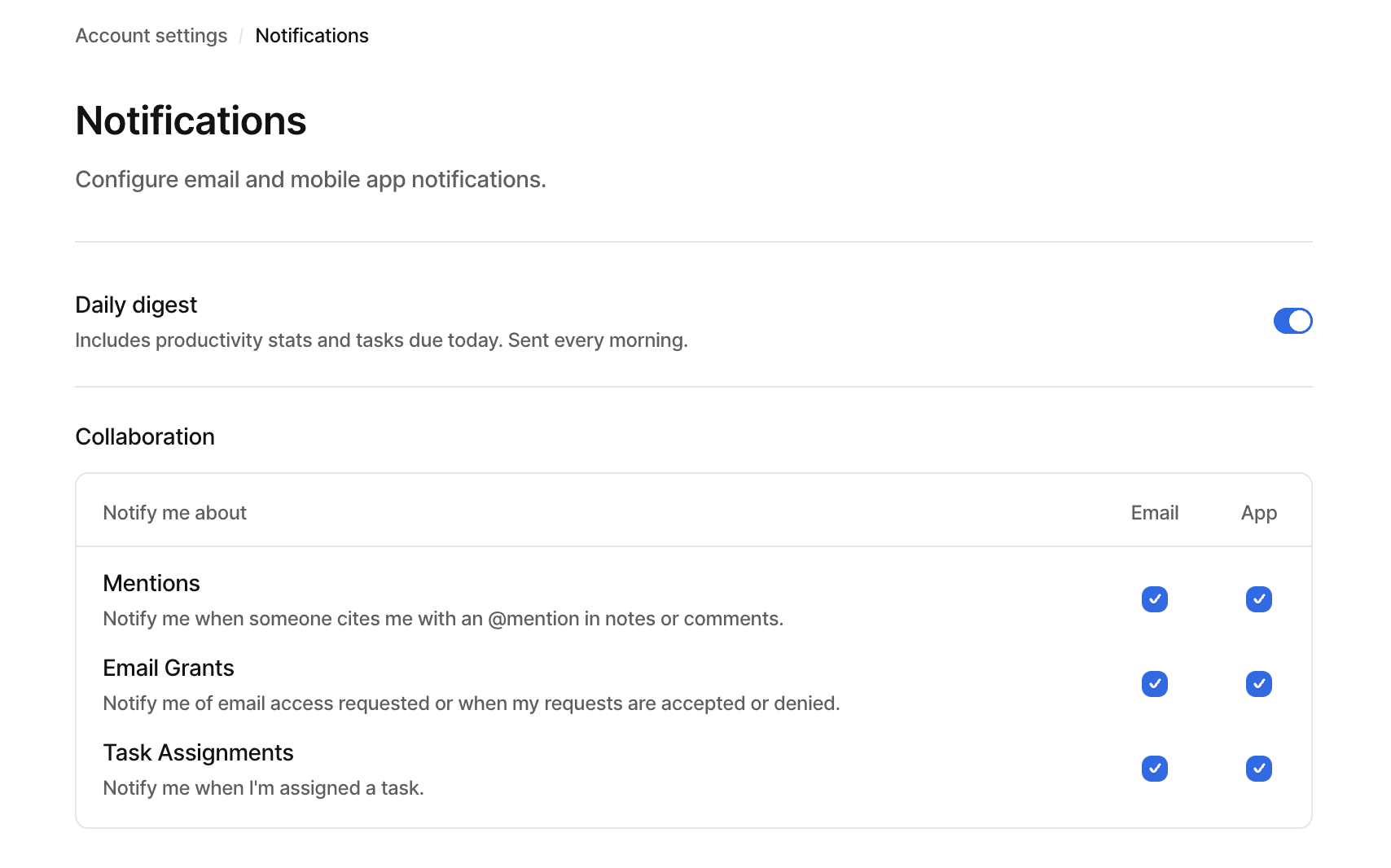 Notifications settings page showing toggle for a daily digest email and checkboxes for receiving email or app notifications.