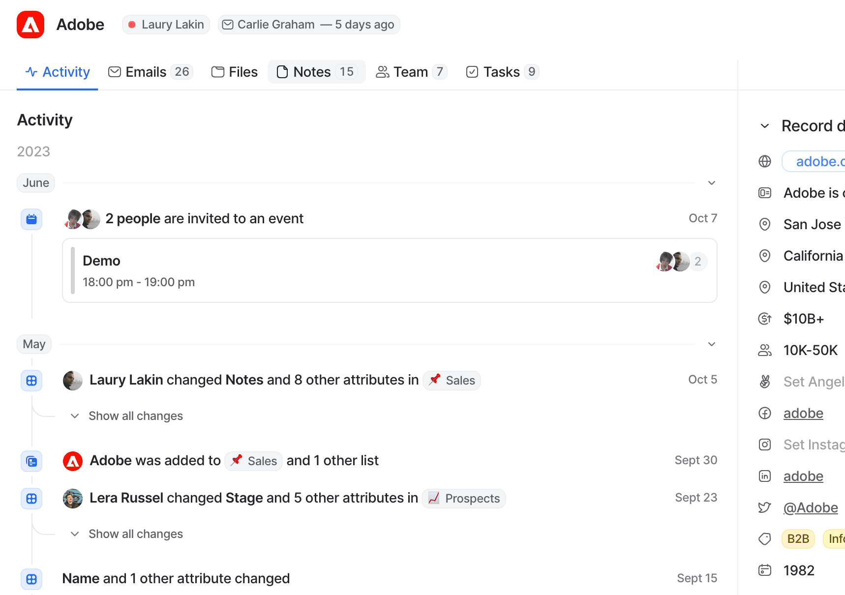 A close-up of an example record's activity feed on a record page. A timeline of the record's movements in a list are shown.