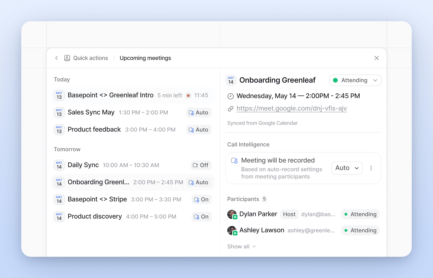 Meeting data in Quick actions 