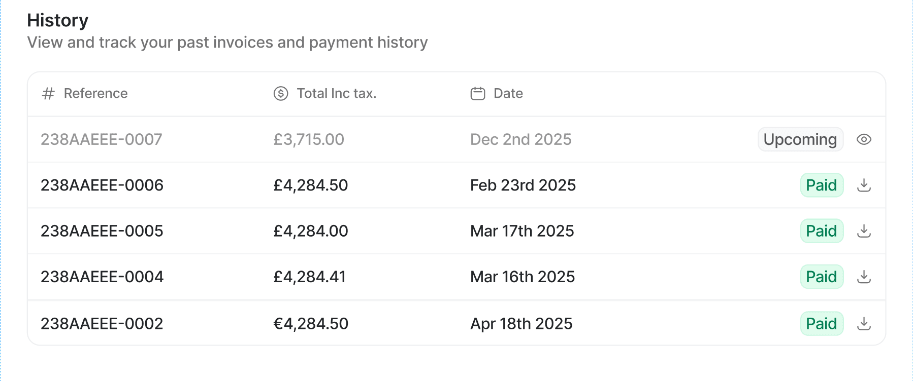 Log of historical invoices and one upcoming with reference, tax, and date