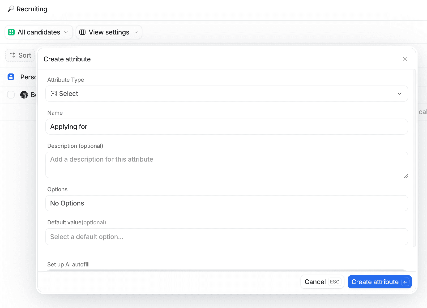 Recruiting list interface showing a form to create an attribute. Fields include name, description, options, and default value.