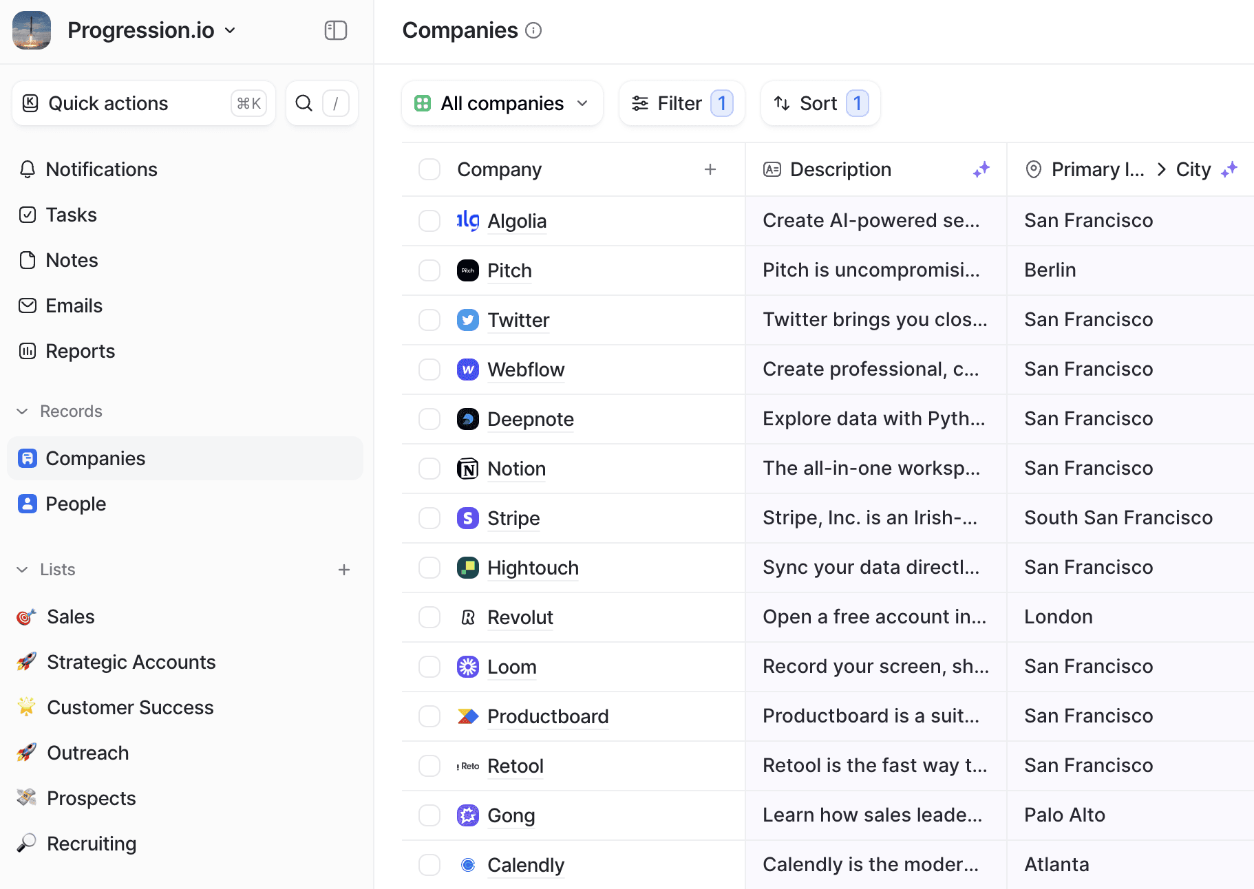 A typical table view in Attio showing a list of company records with some attributes.