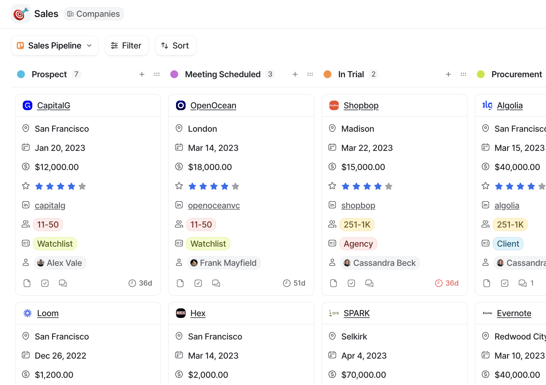 A typical kanban view in Attio, one of the ways to display a list. This example shows list entries in various stages of a sales pipeline.