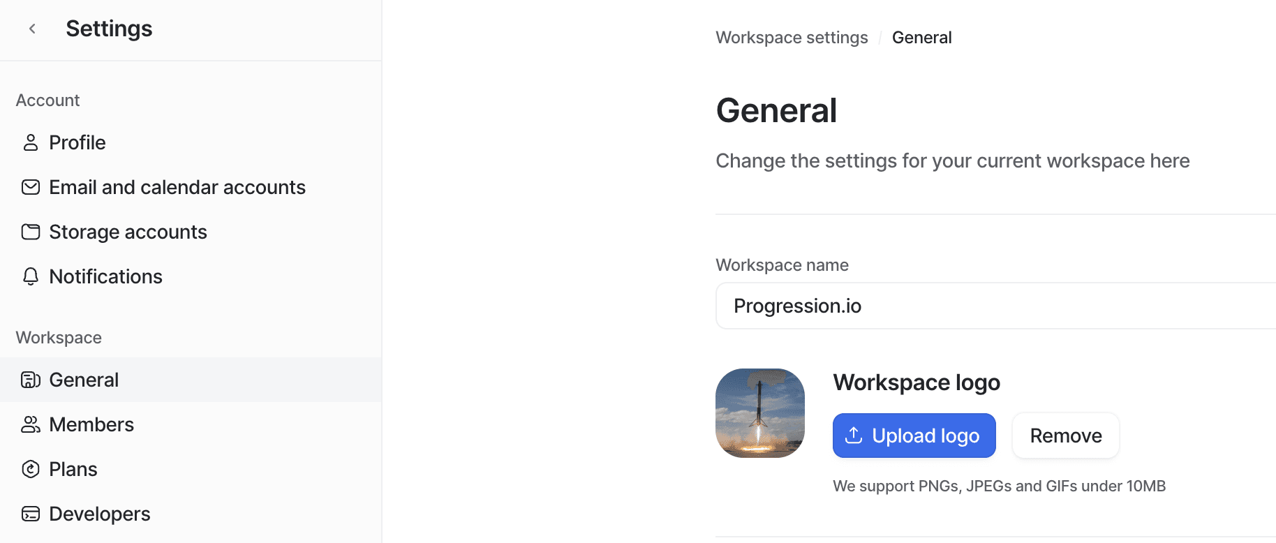 General workspace settings page showing options to update workspace name and logo.