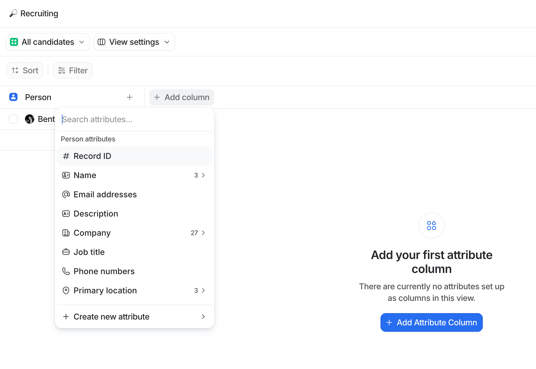 Recruiting list displaying options to add attributes like Record ID, Name, and Email to a candidate view.