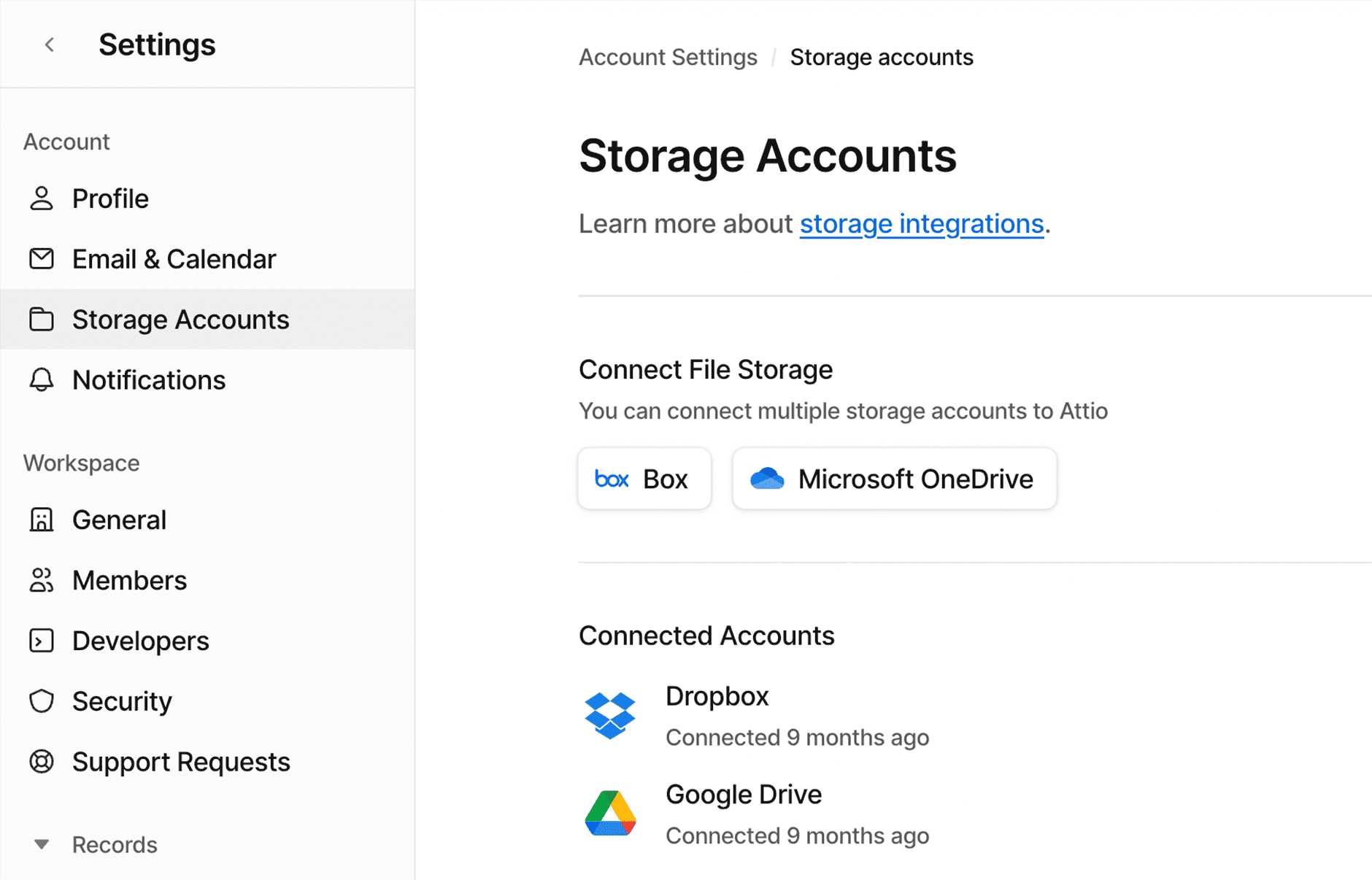 The settings window where third party cloud storage can be linked to your Attio account.