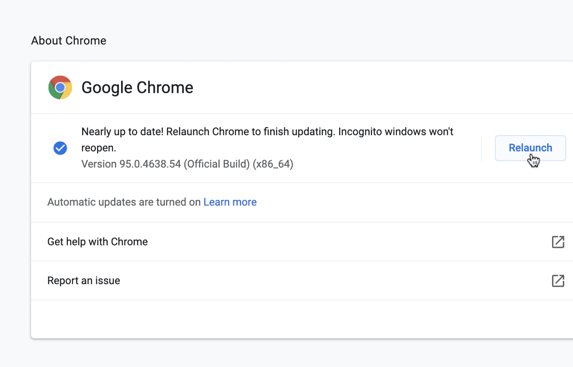 In Chrome's About Google Chrome window, a cursor hovers over the the Relaunch button beside details about which version of Chrome is currently installed.