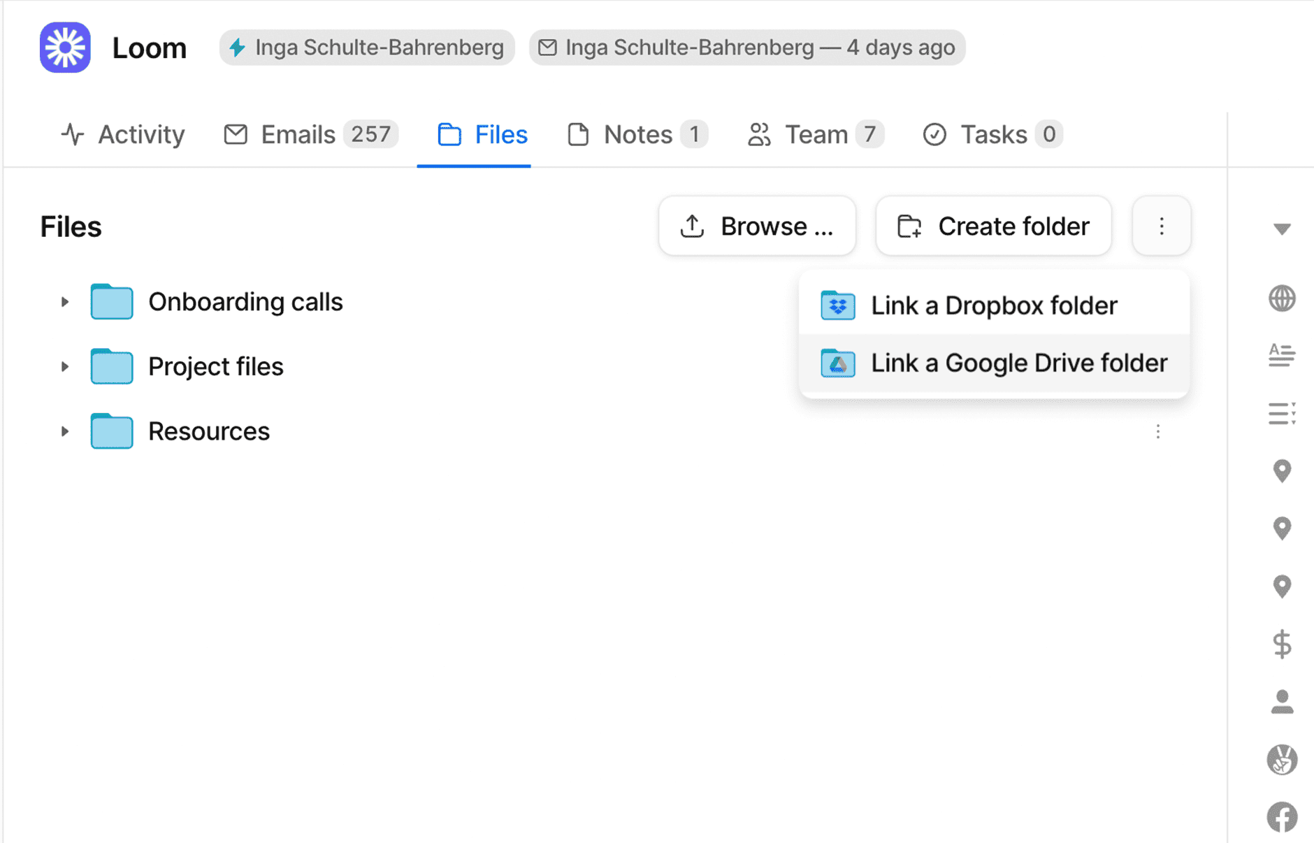 A dropdown menu on a record page for linking cloud storage folders to a record.