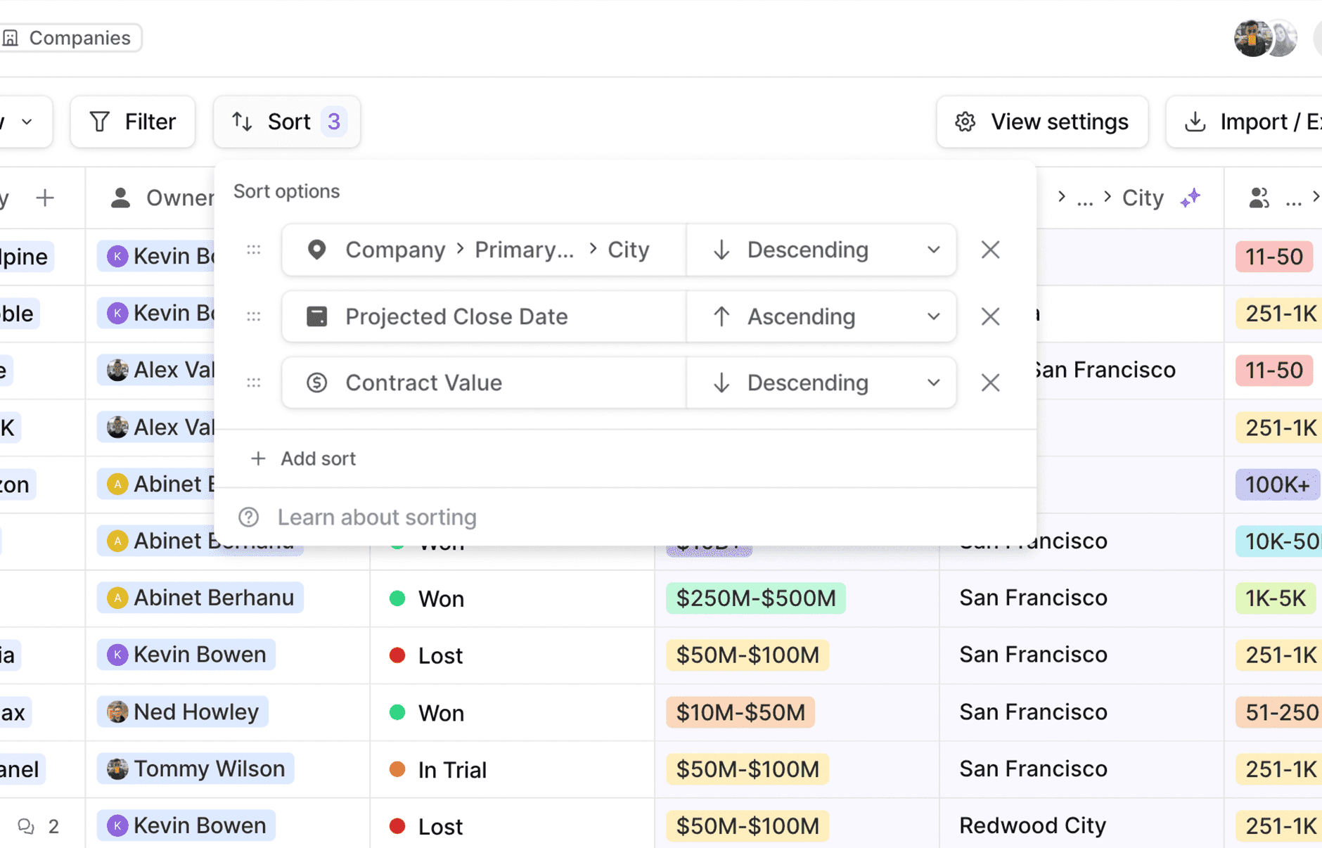 A dropdown reveals the various ways a table can be sorted.