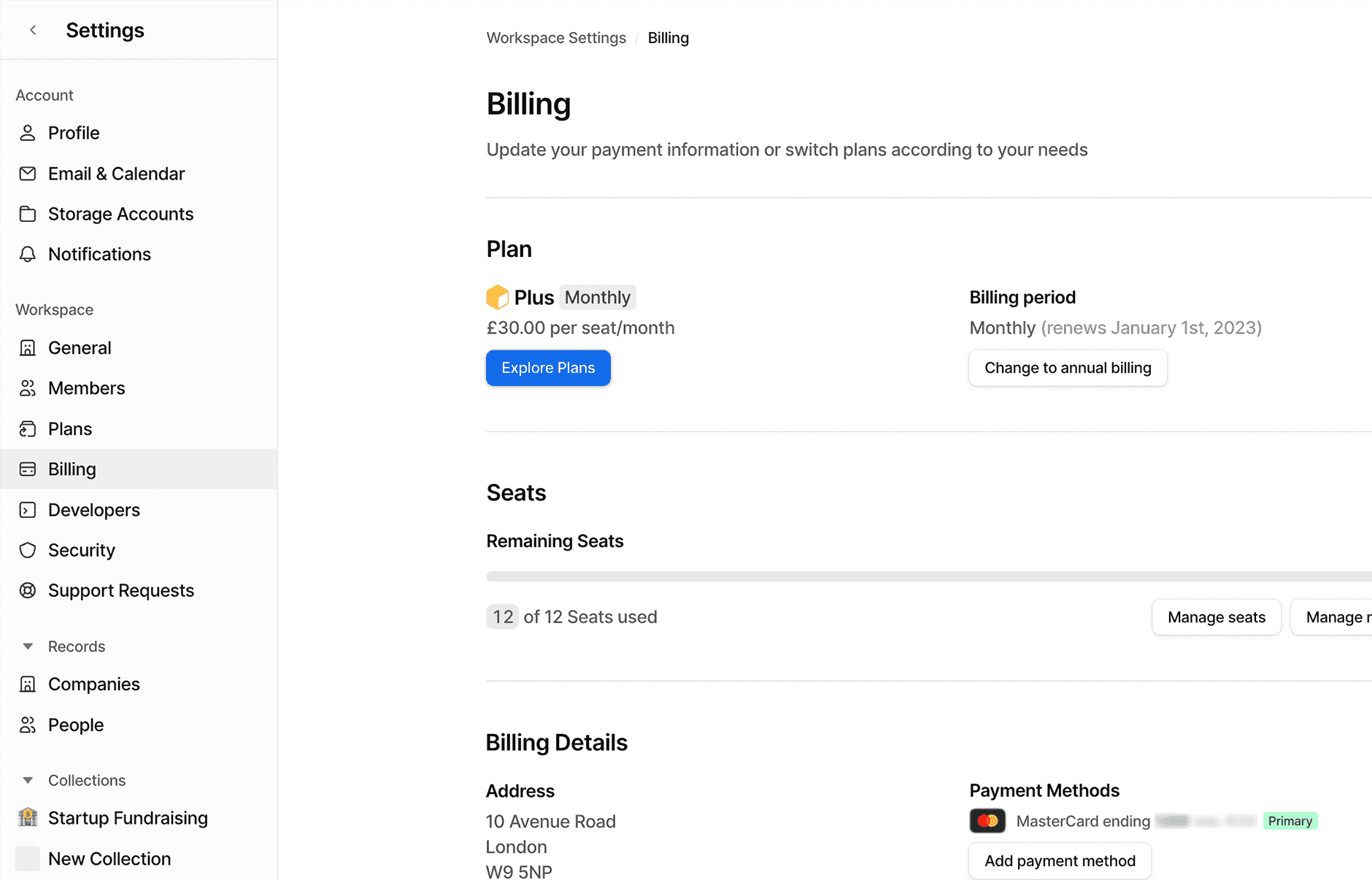 The Billing tab in Attio's Workspace settings.