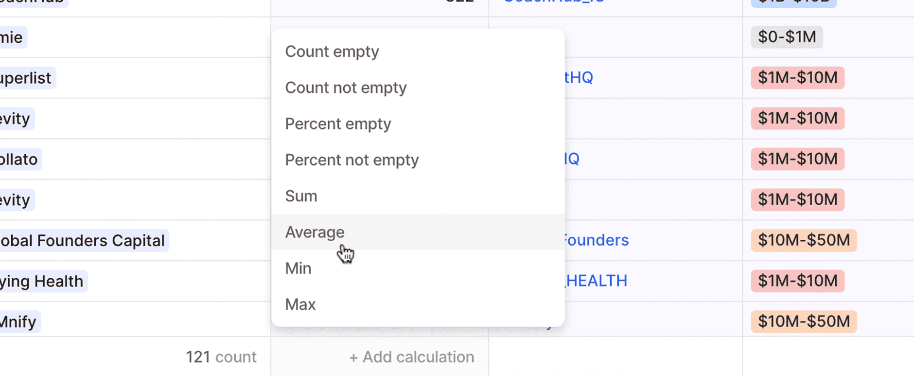 A dropdown shows the various calculations available to apply to columns in a table view.