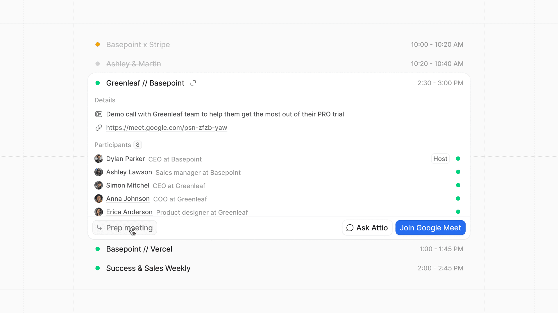 Attio Home page showing meetings for the day including participants, description, and video conferencing link