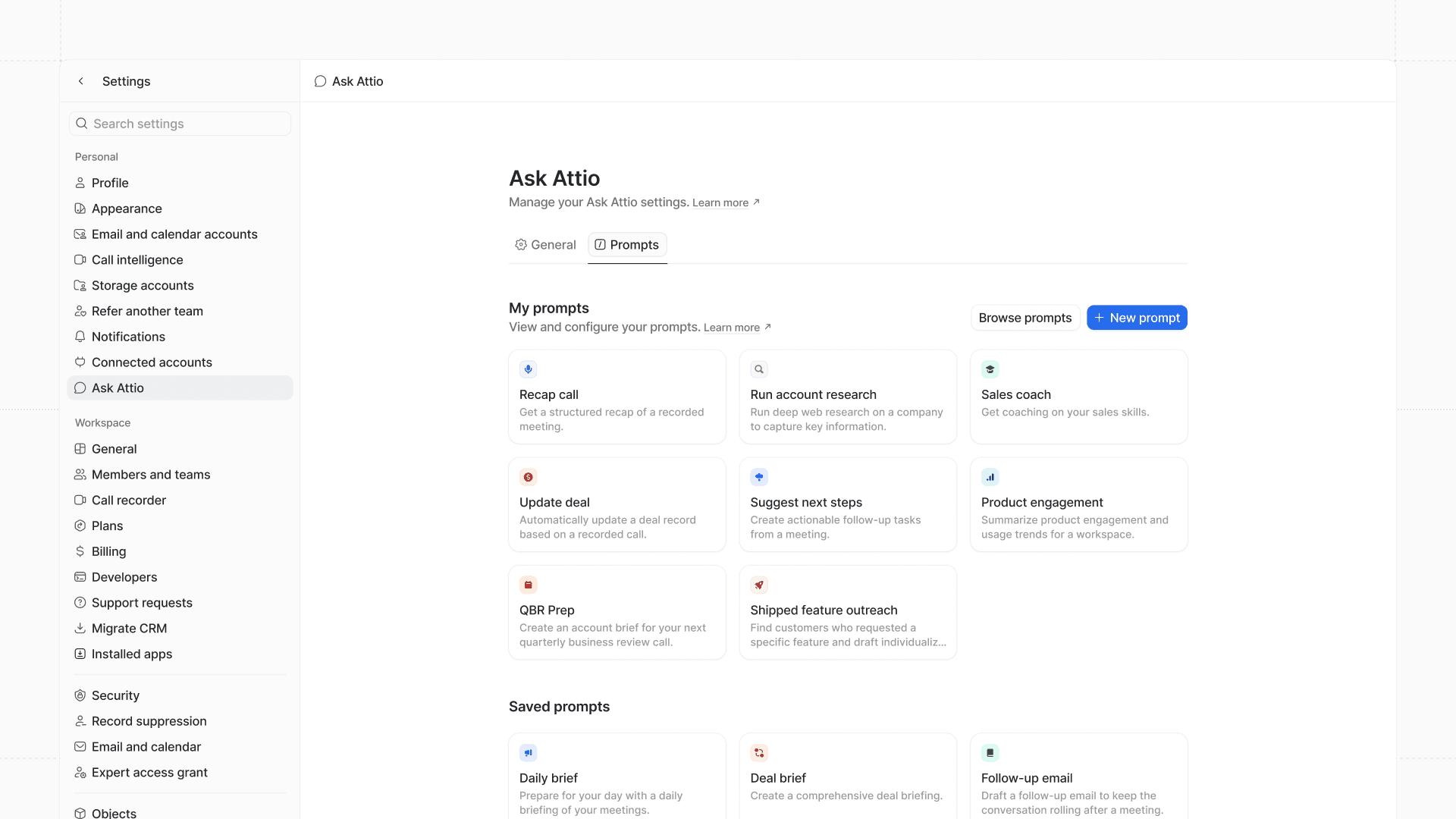 Ask Attio settings interface with various prompts and settings related to CRM tasks, including options for sales, customer engagement, and research.