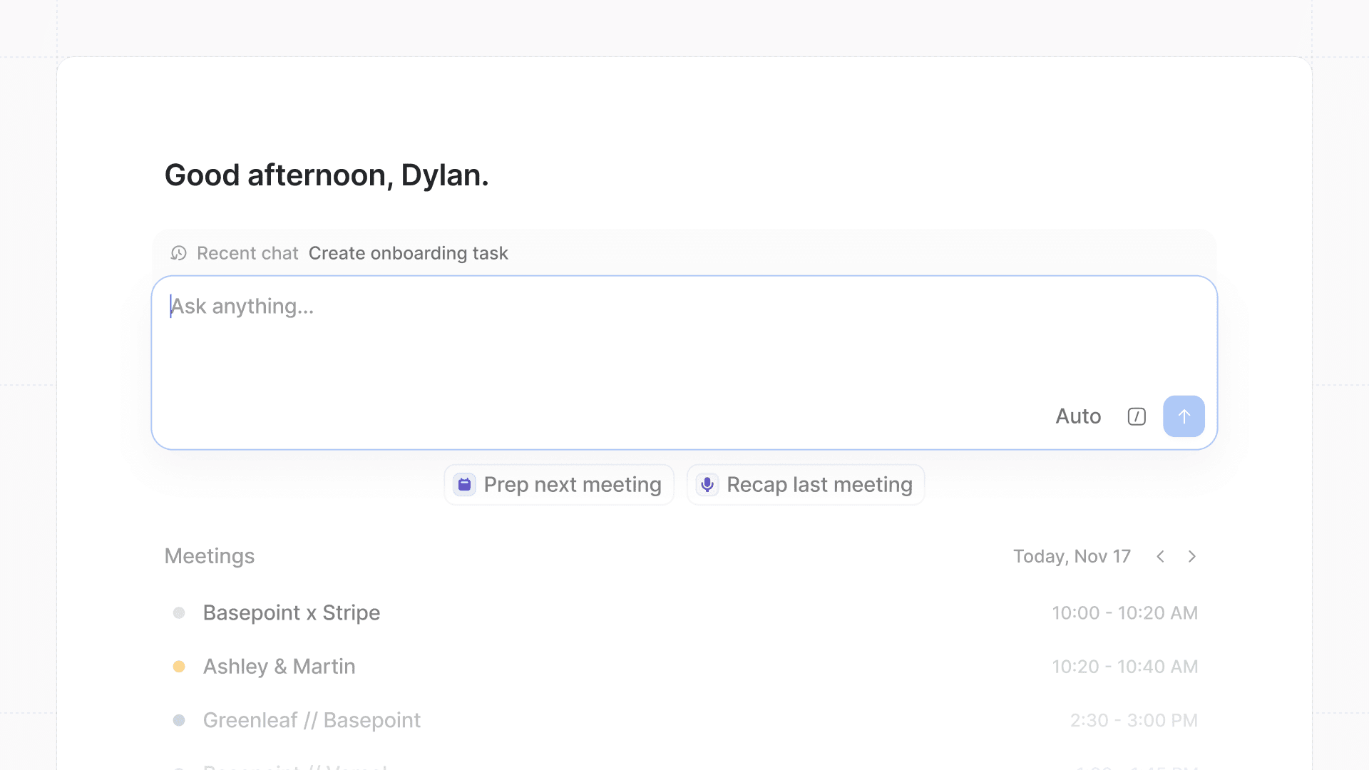 Ask Attio interface showing a message box with "Ask anything..." text, and a meetings schedule below, listing three meetings for November 17.