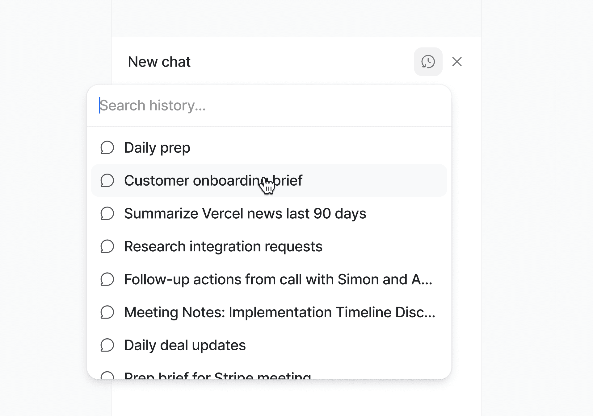 Cursor selecting "Customer onboarding brief" from a dropdown search history menu in an Ask Attio chat window.