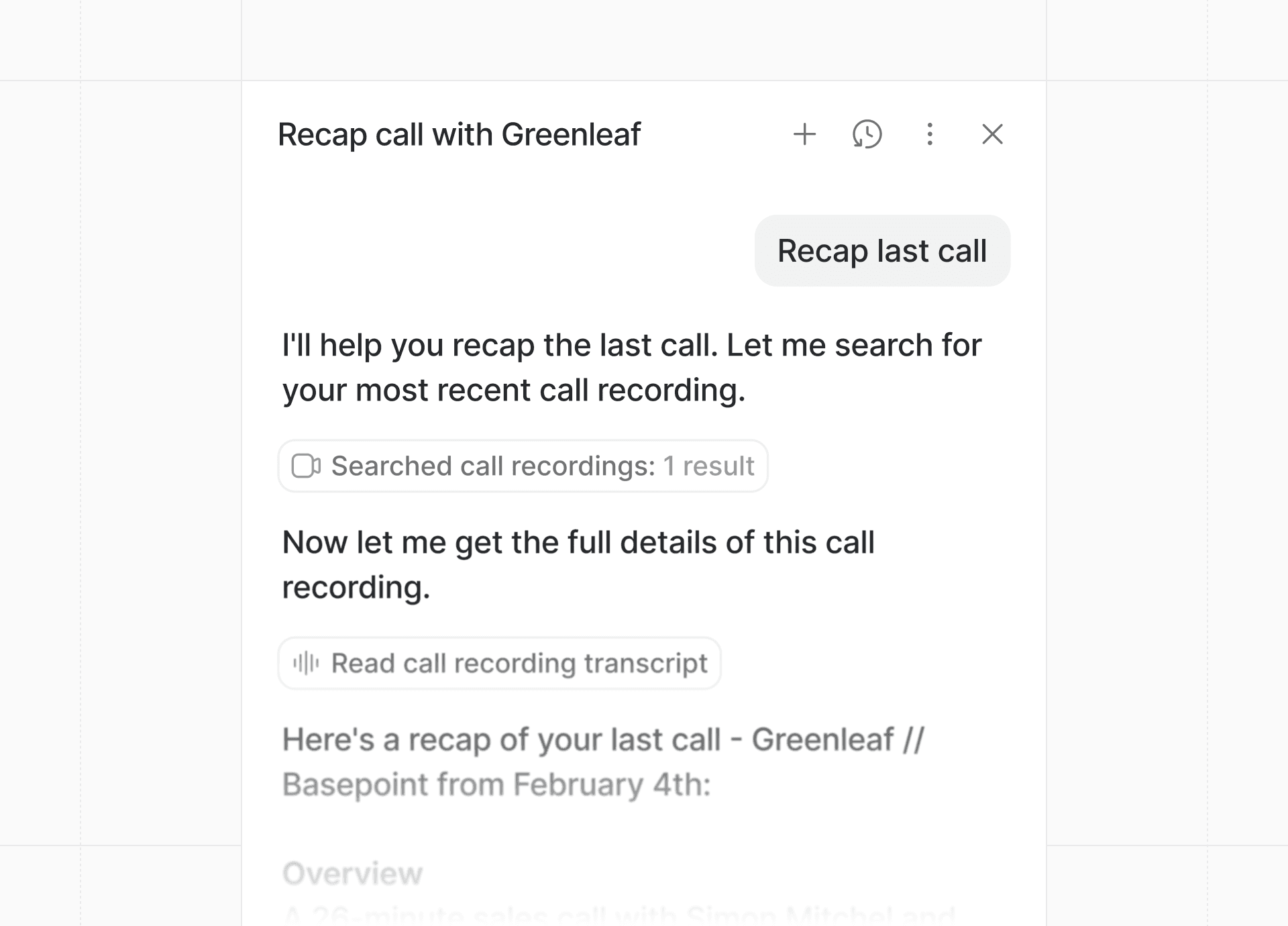 Screenshot of Ask Attio displaying a call recap with options to search and read call recordings and transcripts.