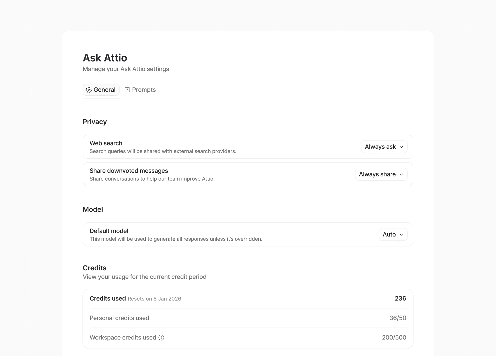 Screenshot of a settings page for "Ask Attio", featuring options for privacy, model selection, and credits usage related to external search providers.