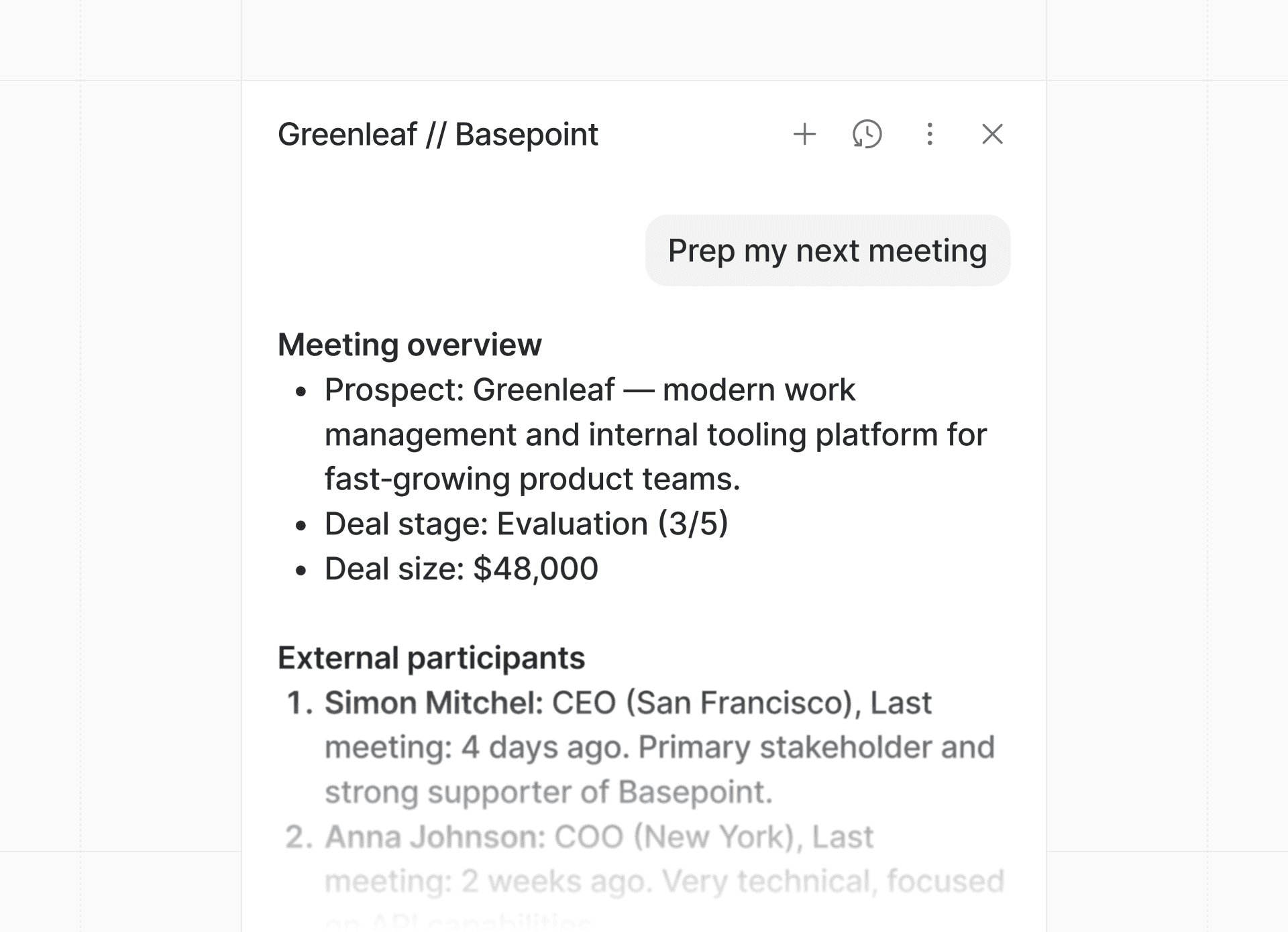 Ask Attio chat detailing a project with Greenleaf, including deal stage, value, and external participants involved in the discussion.