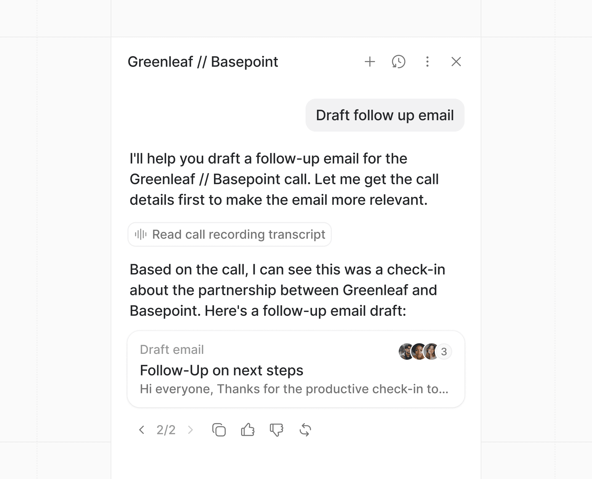 Ask Attio displaying a draft email outline for Greenleaf and Basepoint follow-up, mentioning a call and partnership details.