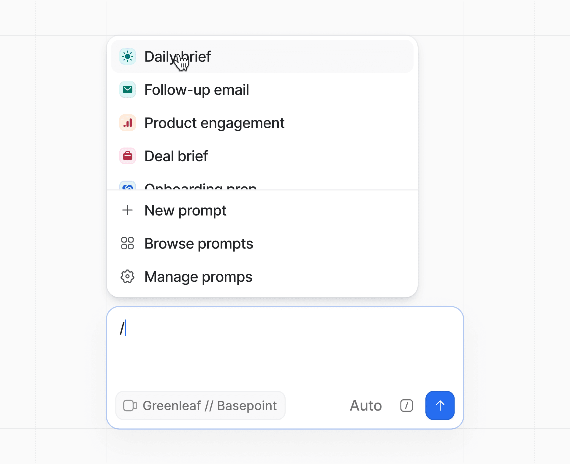 Dropdown menu in Ask Attio showing prompt options like "Dailybrief," "Follow-up email," and more, above a text input field with a cursor and toolbar below.