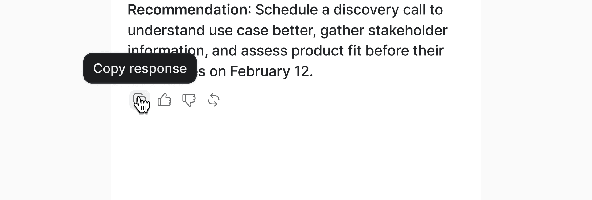 Cursor hovering over "Copy response" icon on an Ask Attio response with options to like or dislike the content.