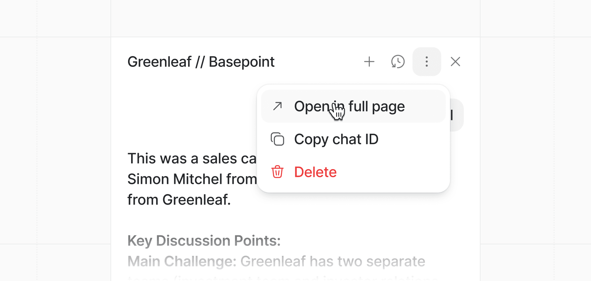 Ask Attio options menu with options: "Open full page," "Copy chat ID," and "Delete," over a chat titled "Greenleaf // Basepoint."