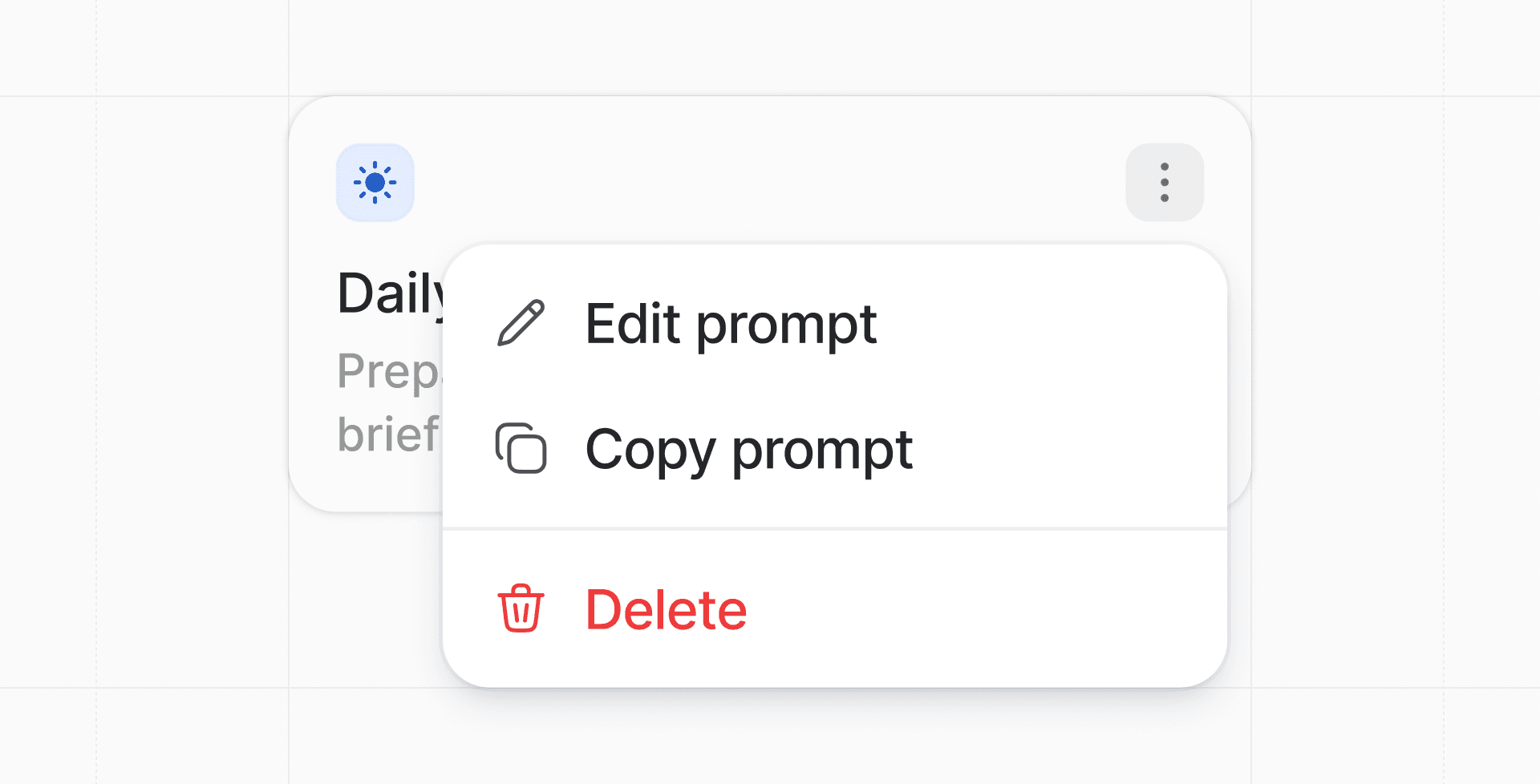 Ask Attio menu showing options: Edit prompt, Copy prompt, Delete. A task titled "Daily" is partially visible in the background.