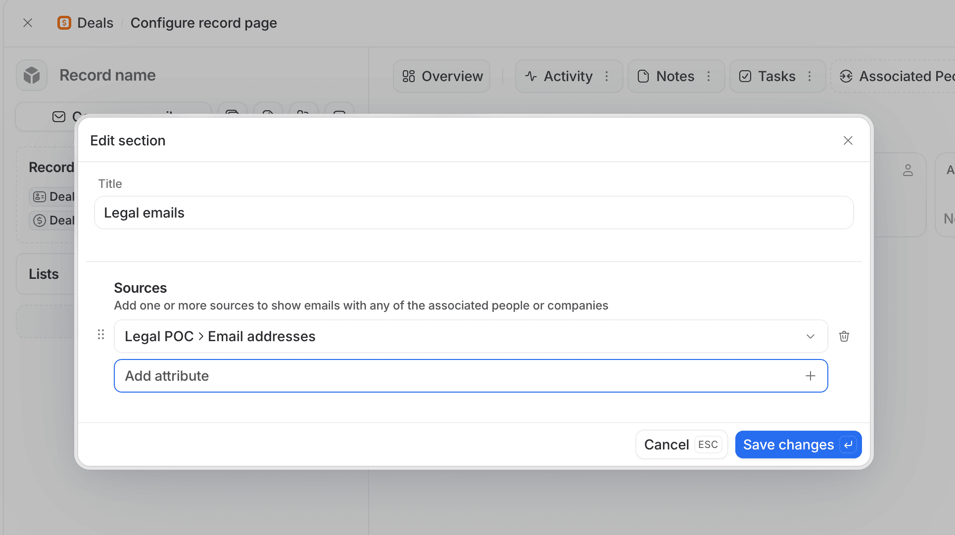 Popover for editing Emails section with option to select sources for legal emails