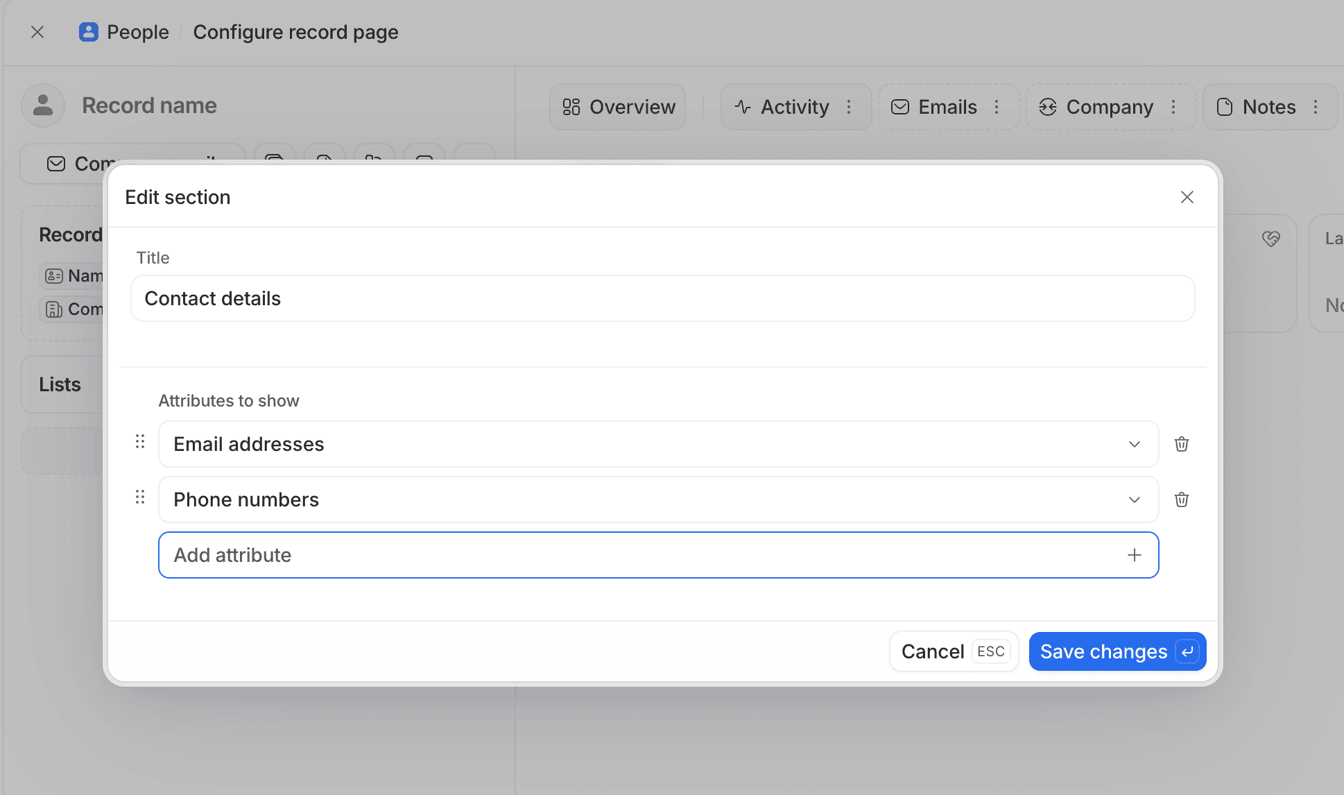 Popover with option to edit record details section choosing which attributes to show
