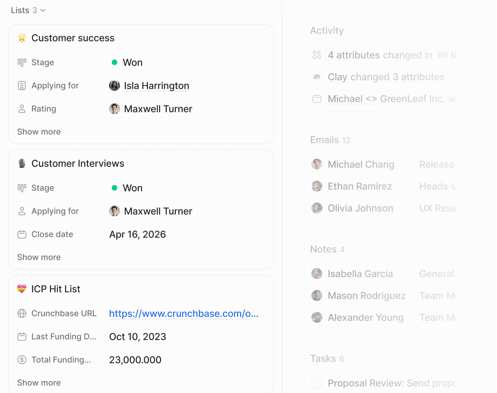 Lists section of company record page showing customer success, customer interviews, and ICP hit list lists with list attributes