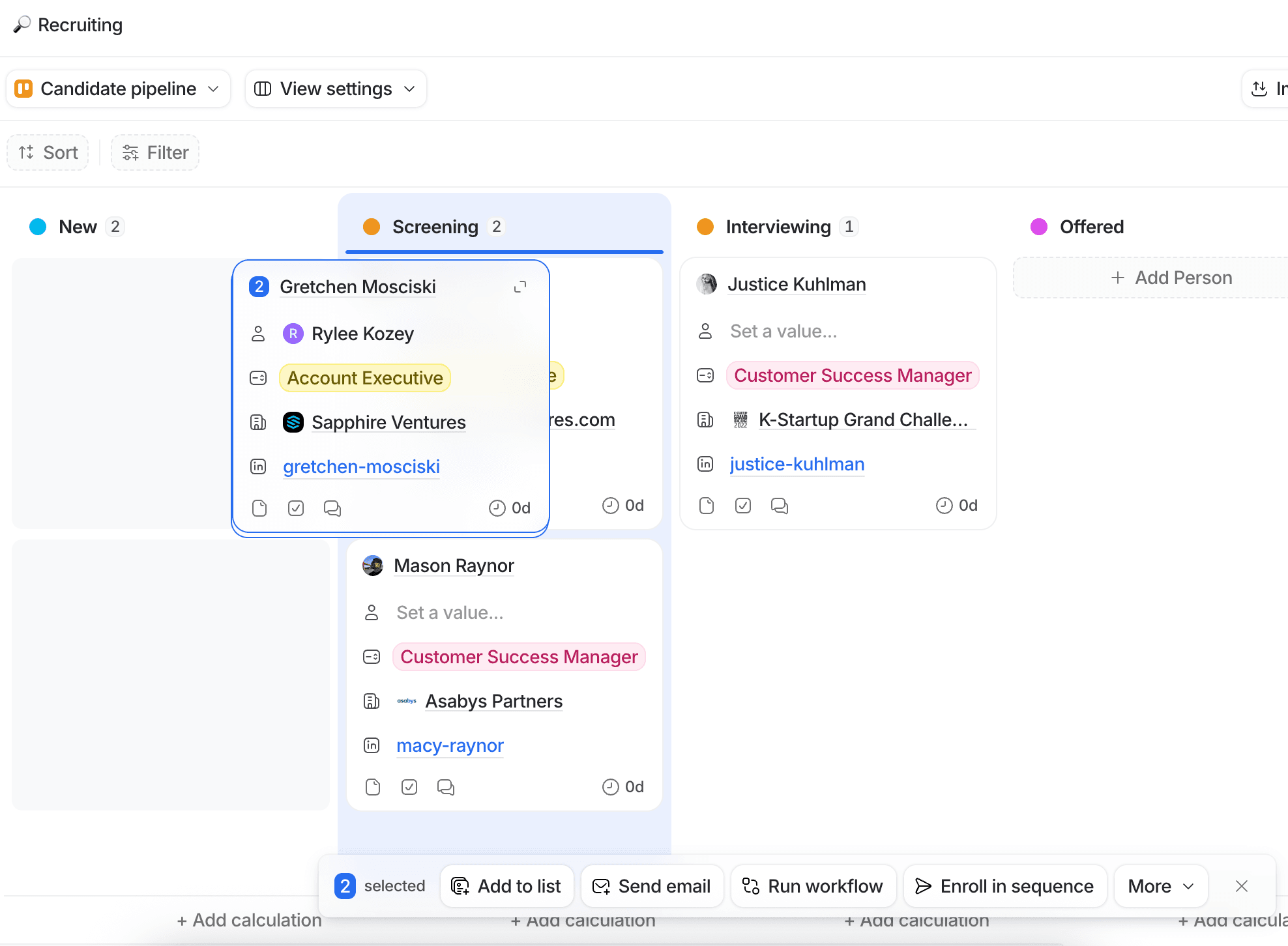 Recruitment pipeline showing kanban cards changing stages in bulk