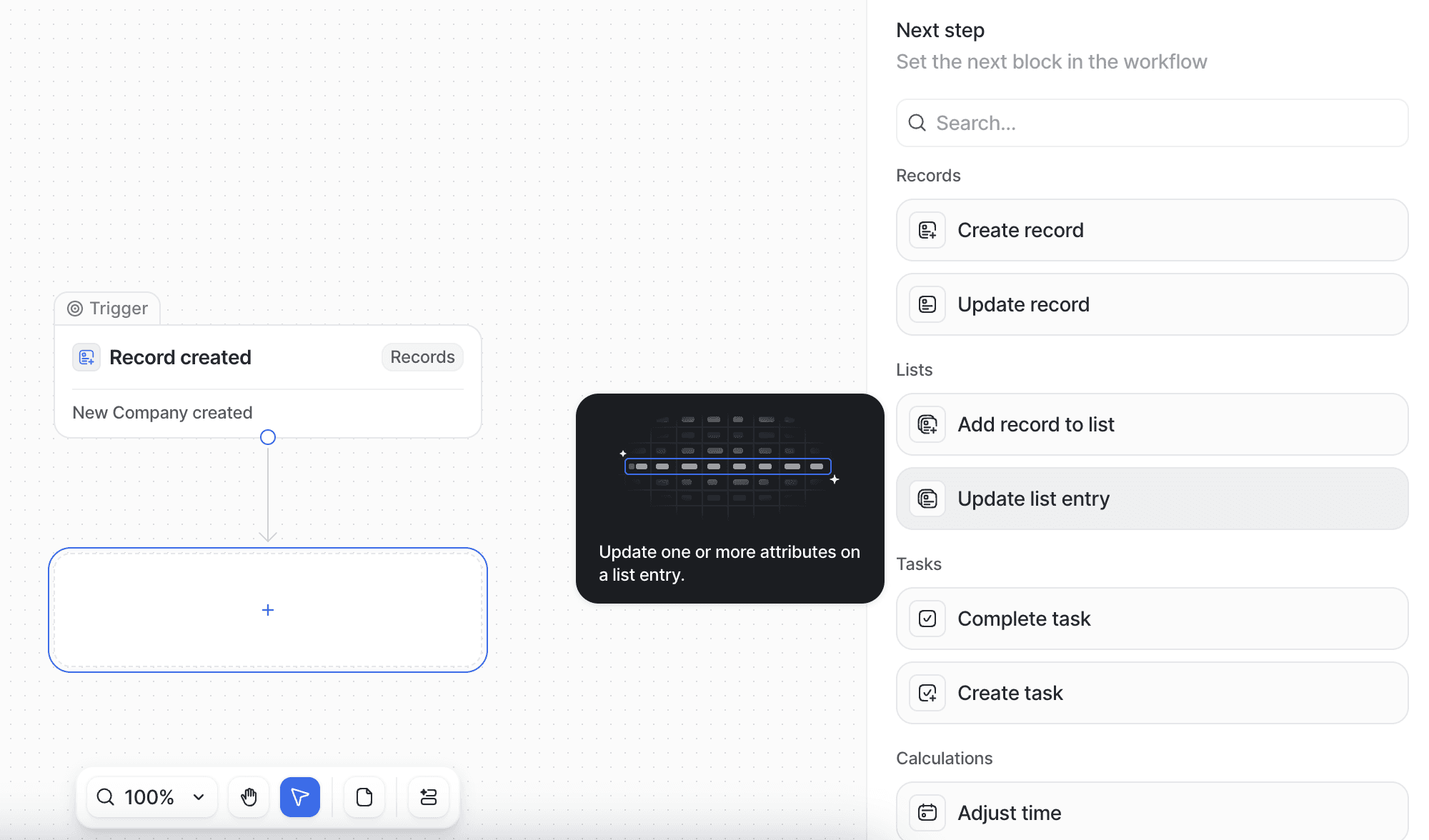 List of action options for a workflow after selecting the trigger.