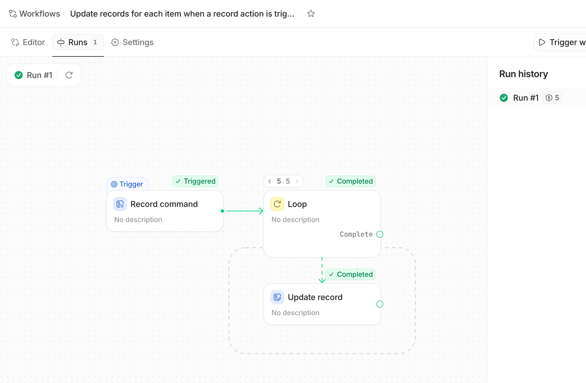 Workflow run showing path followed and completed blocks with 5 credits spent