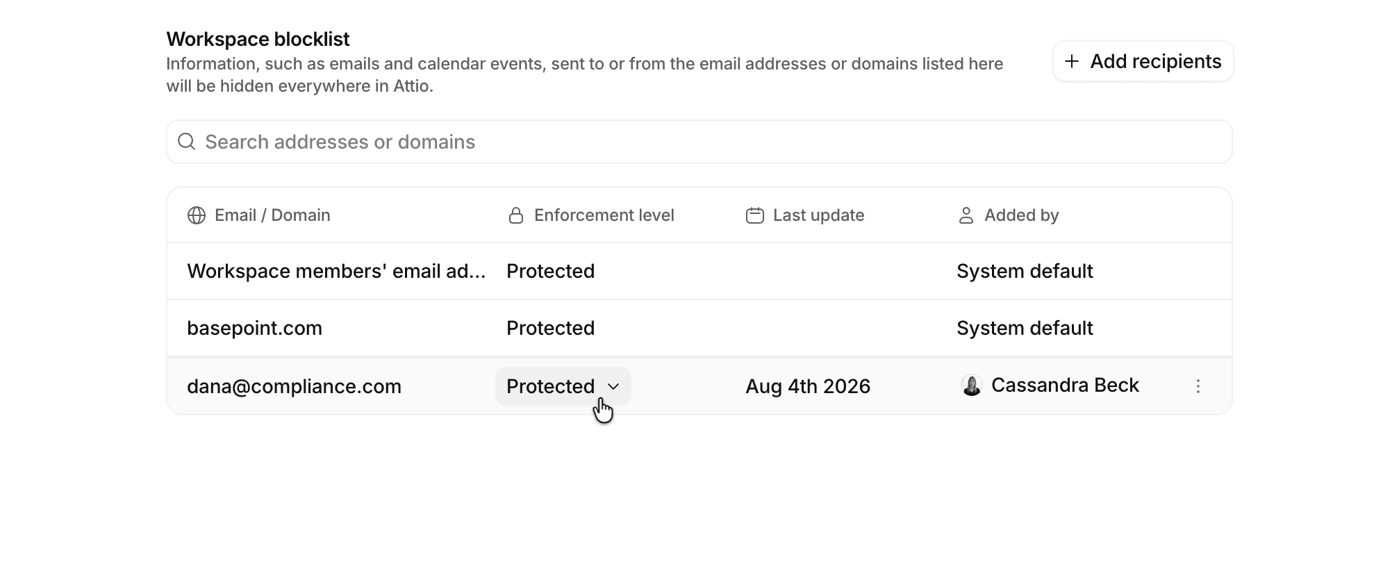 Adjust enforcement level by clicking Protected on an entry under Workspace blocklist