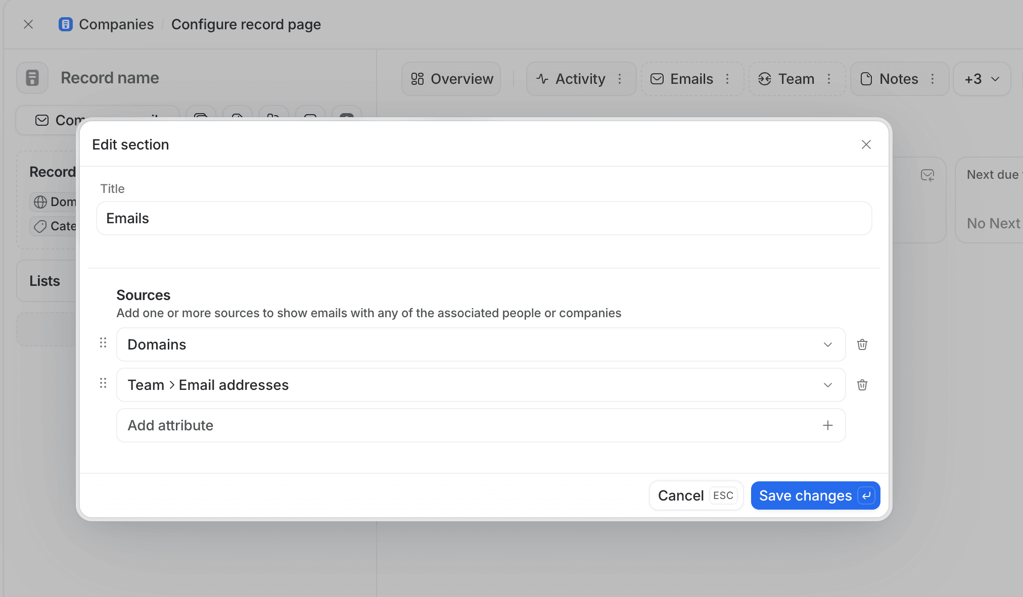 Popup window for editing section with option to select sources for emails
