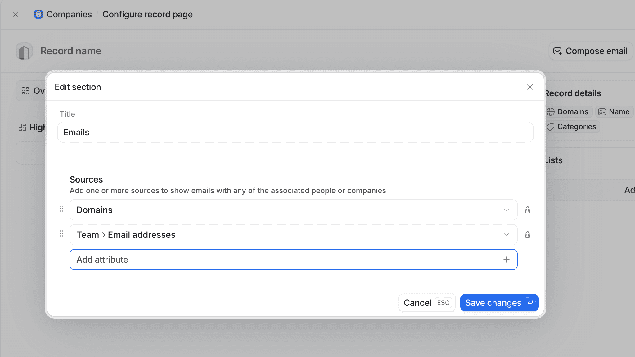 A configuration window titled "Edit section" for emails, featuring domains, teams' email addresses, and an option to add attributes.