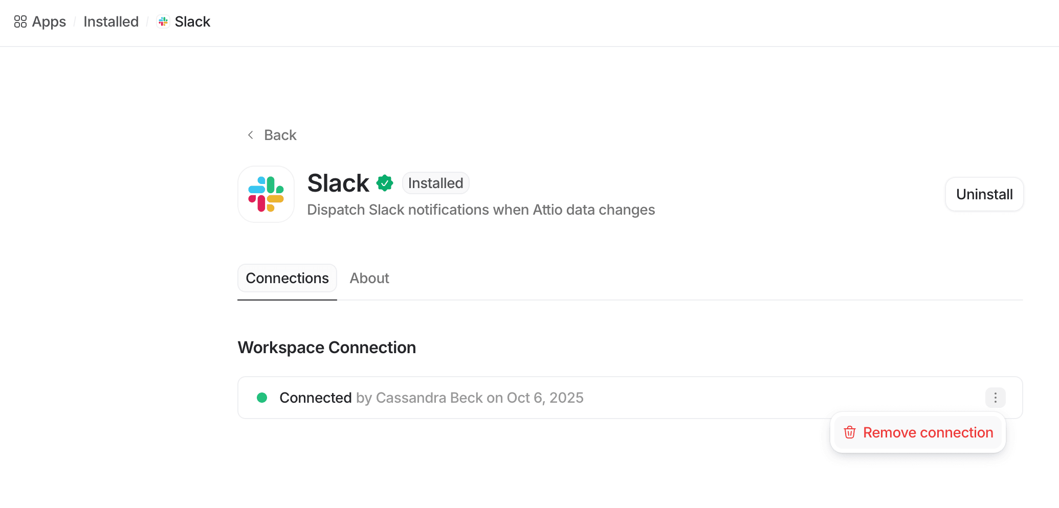 Slack app integration page showing connection status with a workspace, connected by Cassandra Beck on October 6, 2025.