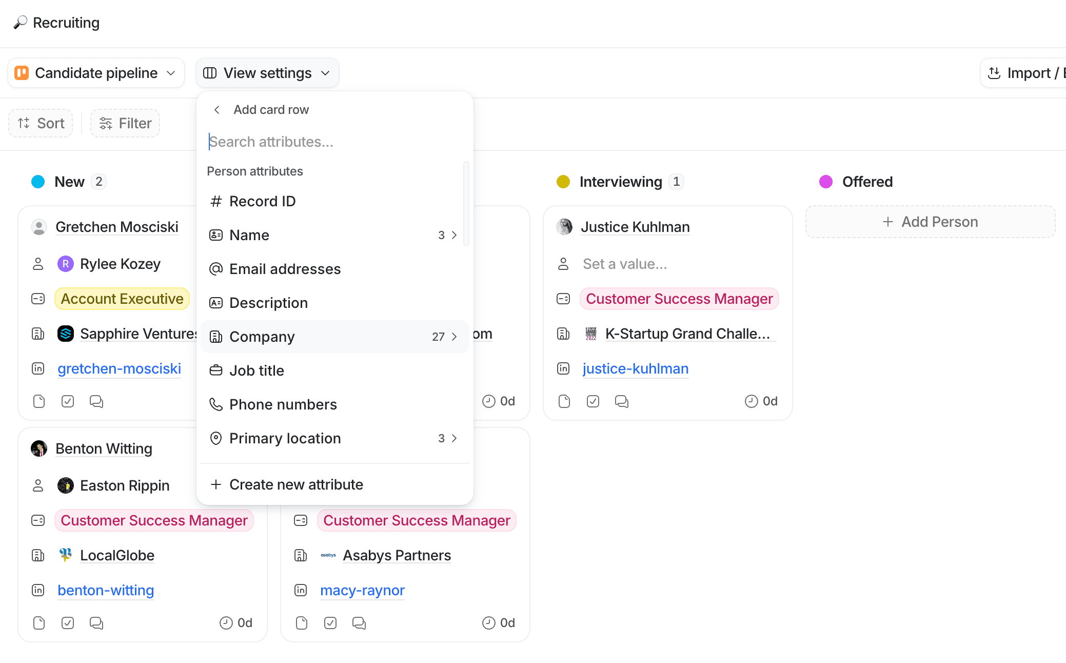 Recruiting kanban pipeline with columns for candidates, interviewing, and offered, featuring dropdown filters.