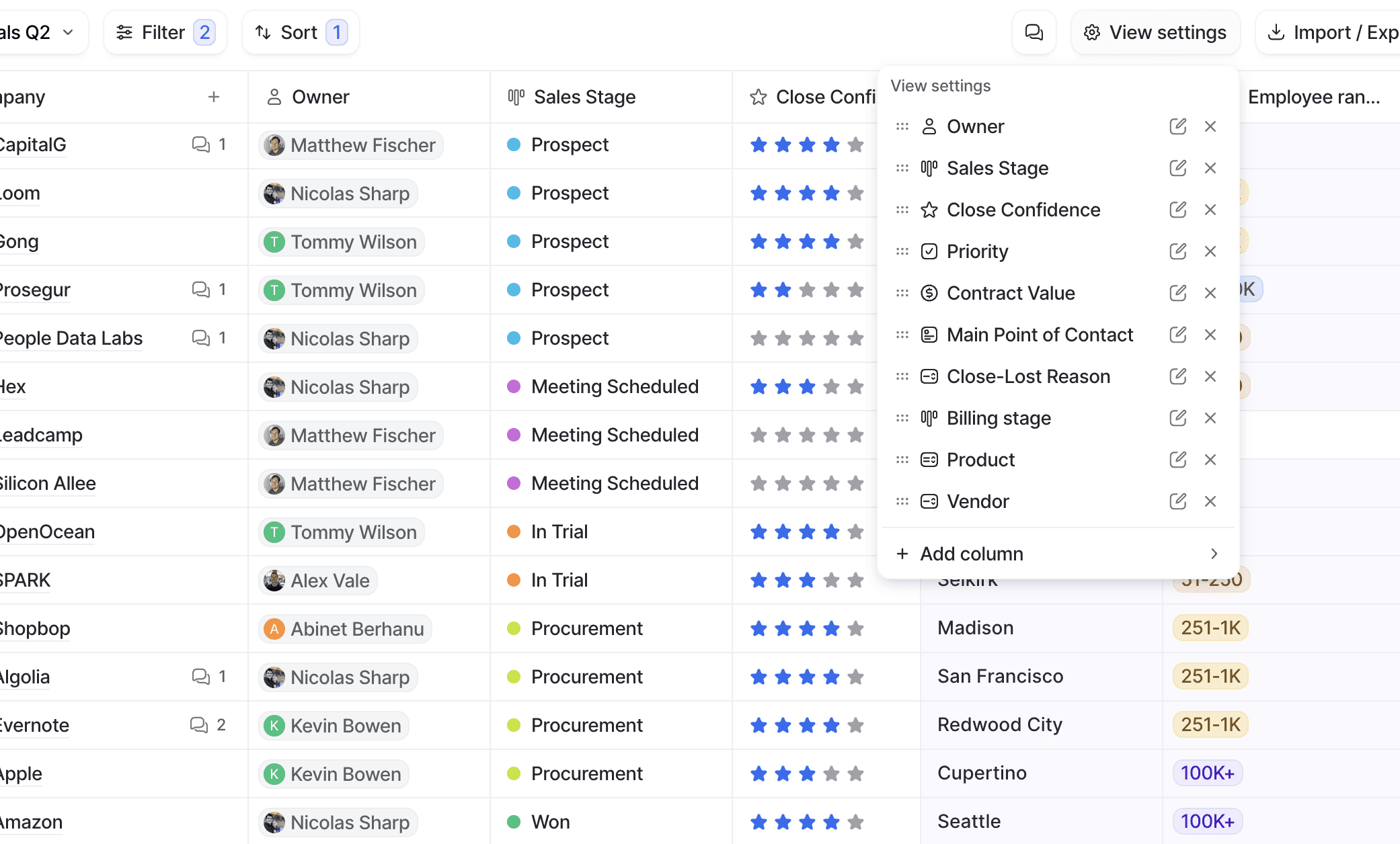 A dropdown menu shows a list of options - the options are the various attributes you can add as columns to your table view.