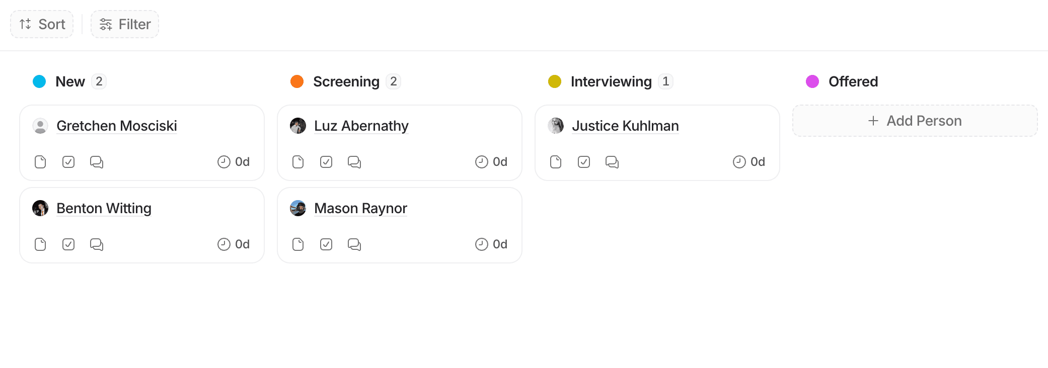 Kanban board showing recruitment stages: New, Screening, Interviewing, Offered. Each stage lists candidates with icons for notes and attachments.